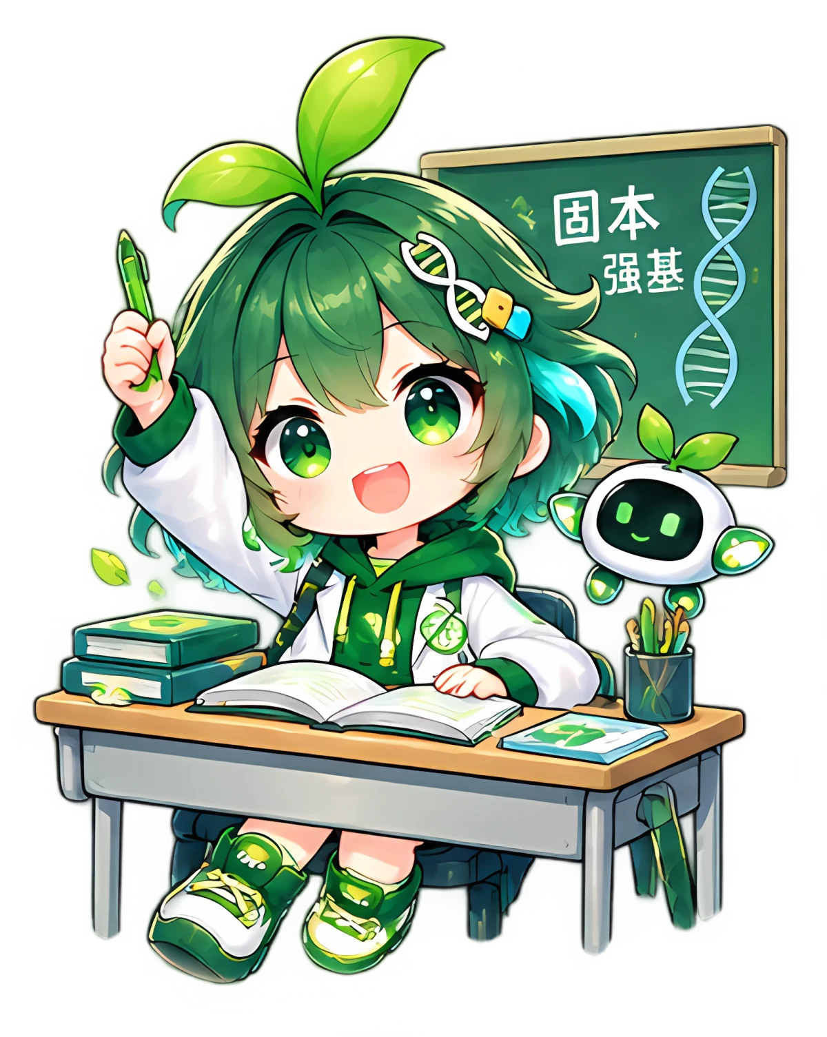 举手回答问题的未来技术学院 Q 版学生与机器人
